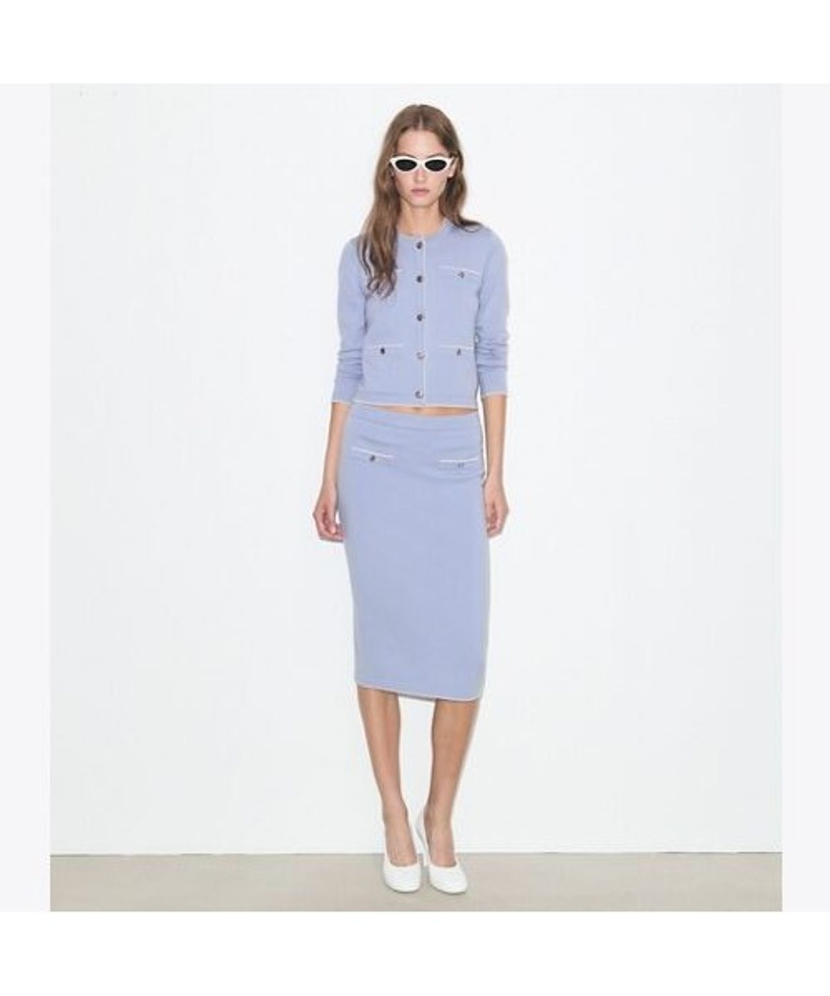 토리버치(TORYBURCH) 켄드라 울 스캘럽 가디건 - 페일 블루 / 뉴 아이보리