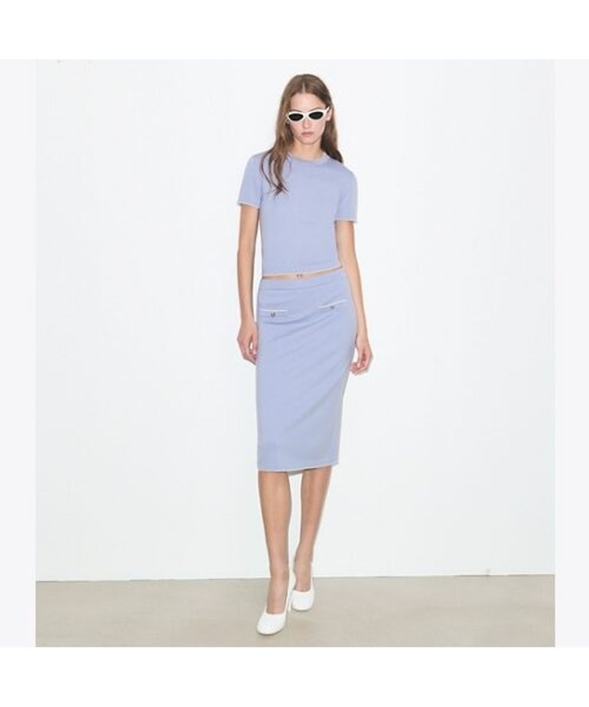 토리버치(TORYBURCH) 울 스캘럽 스커트 - 페일 블루 / 뉴 아이보리
