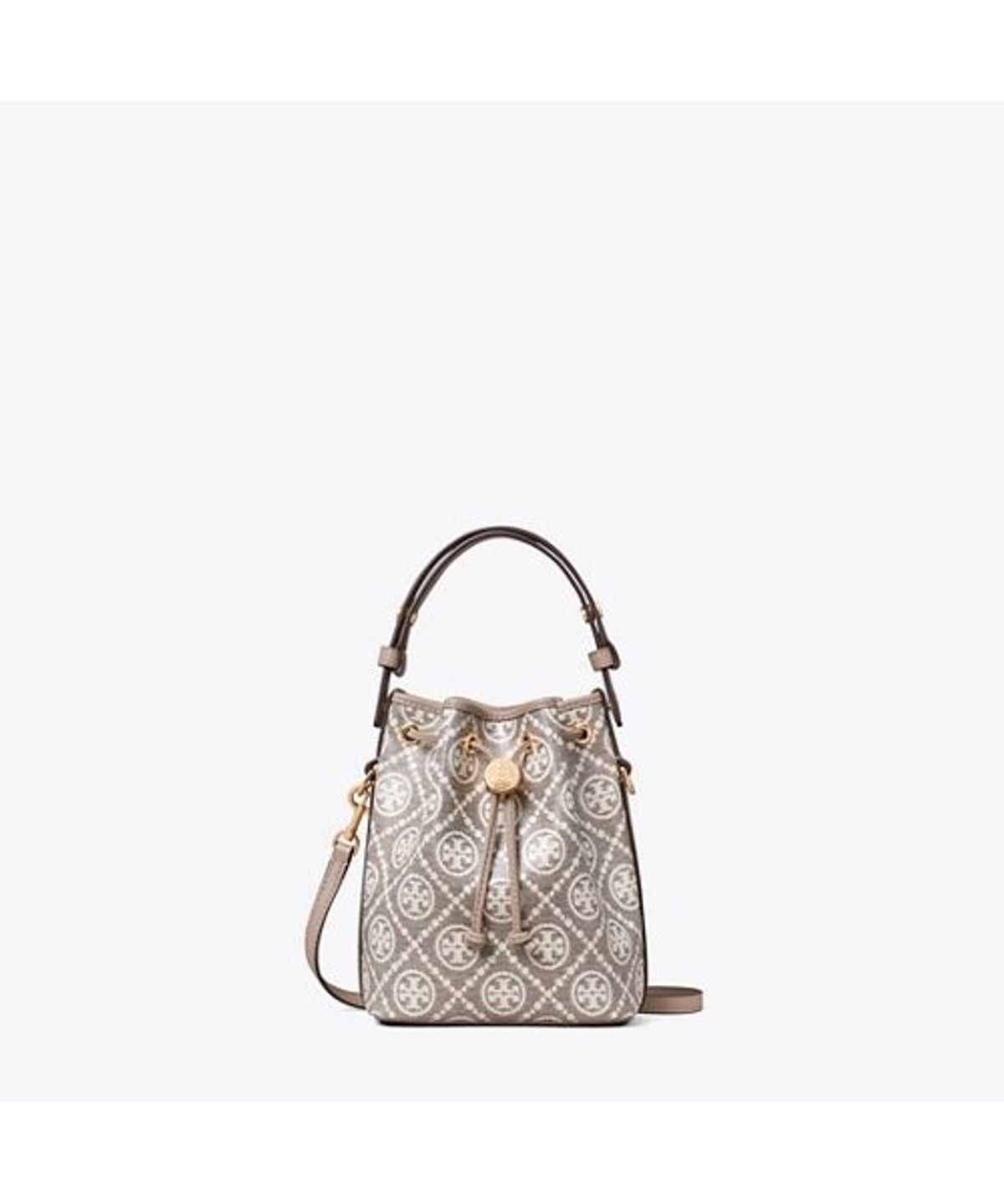 토리버치(TORYBURCH) 티 모노그램 코티드 자카드 미니 버킷백 - 차콜