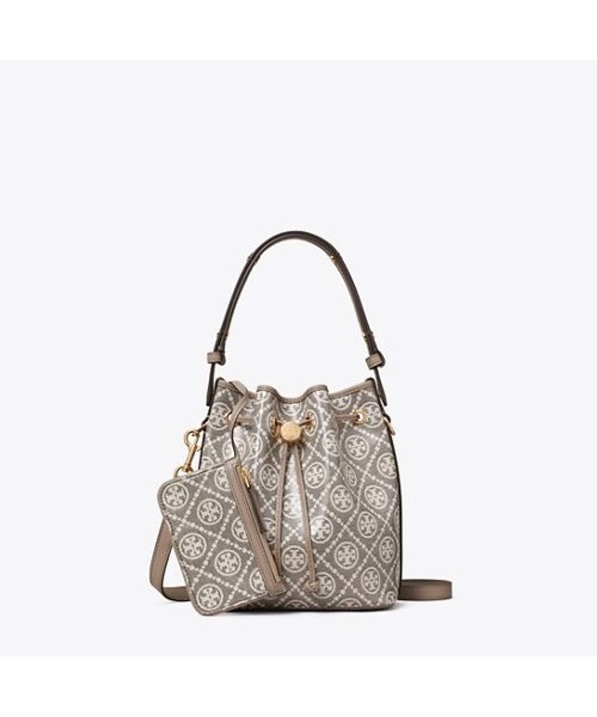토리버치(TORYBURCH) 티 모노그램 코티드 자카드 버킷백 - 차콜