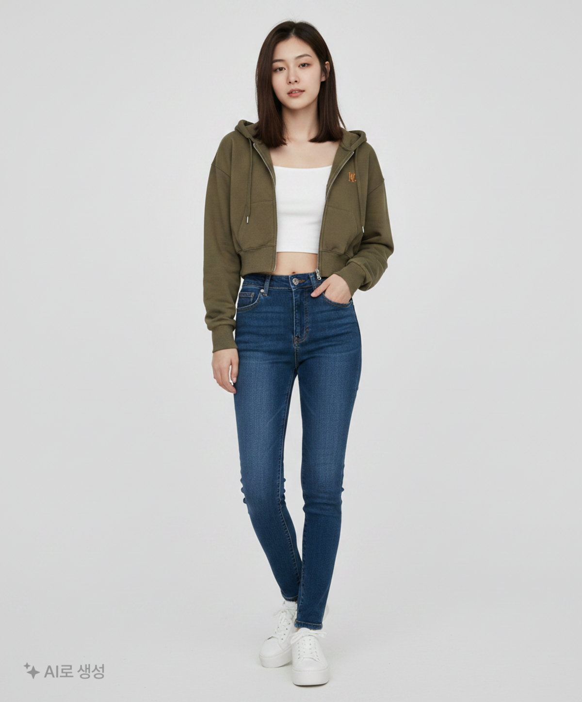 우알롱(WOOALONG) WAL signature crop hood zip-up - KHAKI S