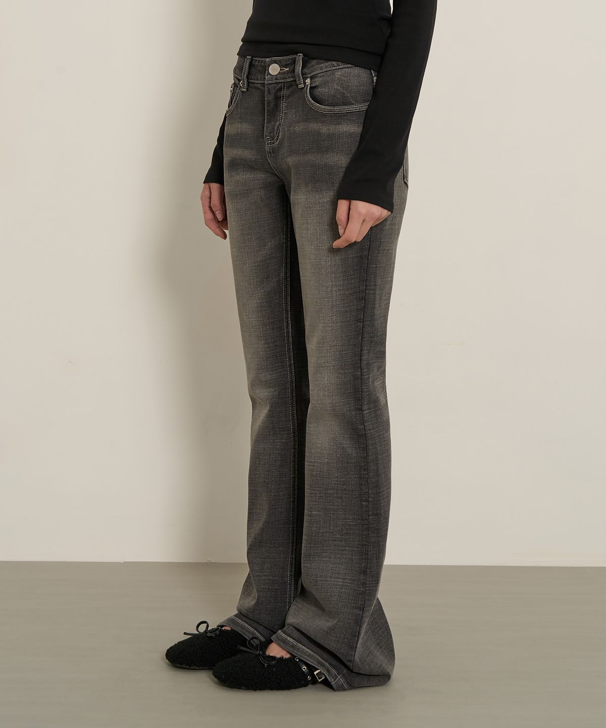 페플리(PEPLEE) Vintage Washed Boots Cut Denim Pants (Grey)