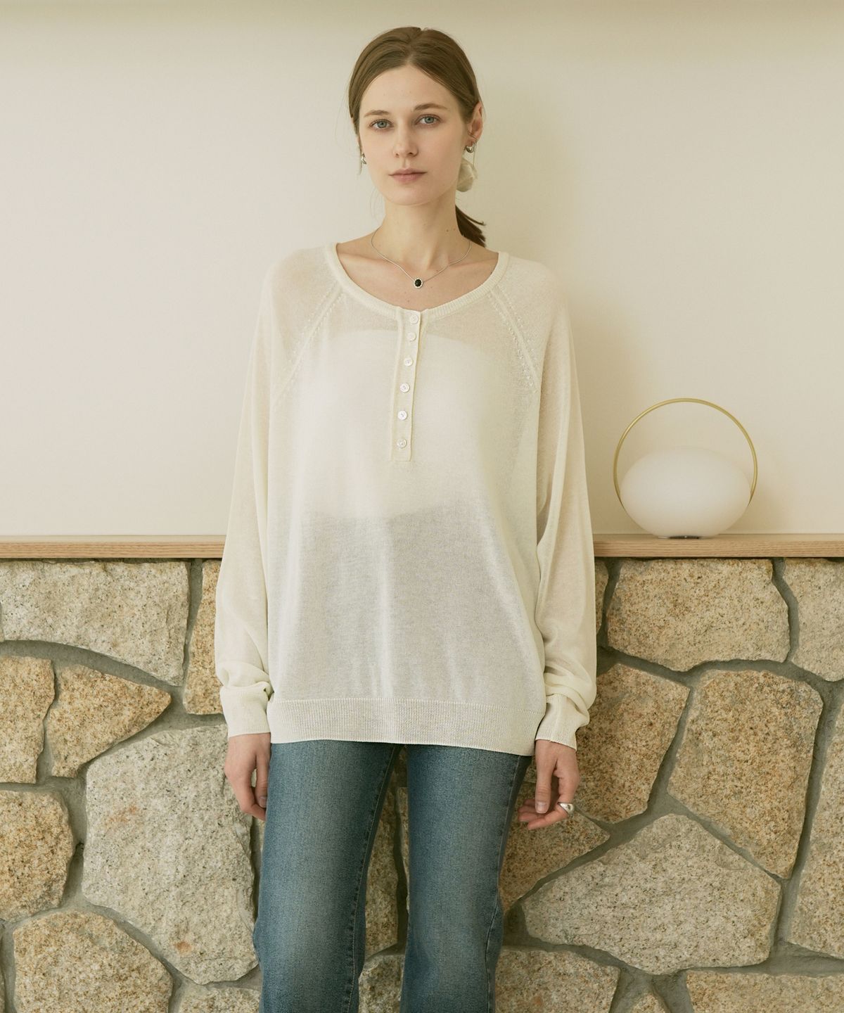 블레티(VLETI) Linen Blend Raglan Half Button Knit (oatmeal)