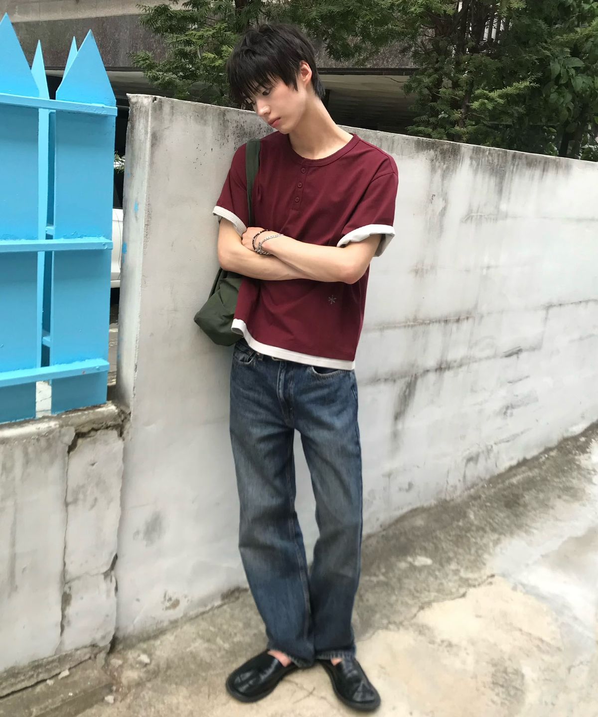 코드그라피(CGP) 헨리넥 레이어드 반소매 티셔츠-버건디