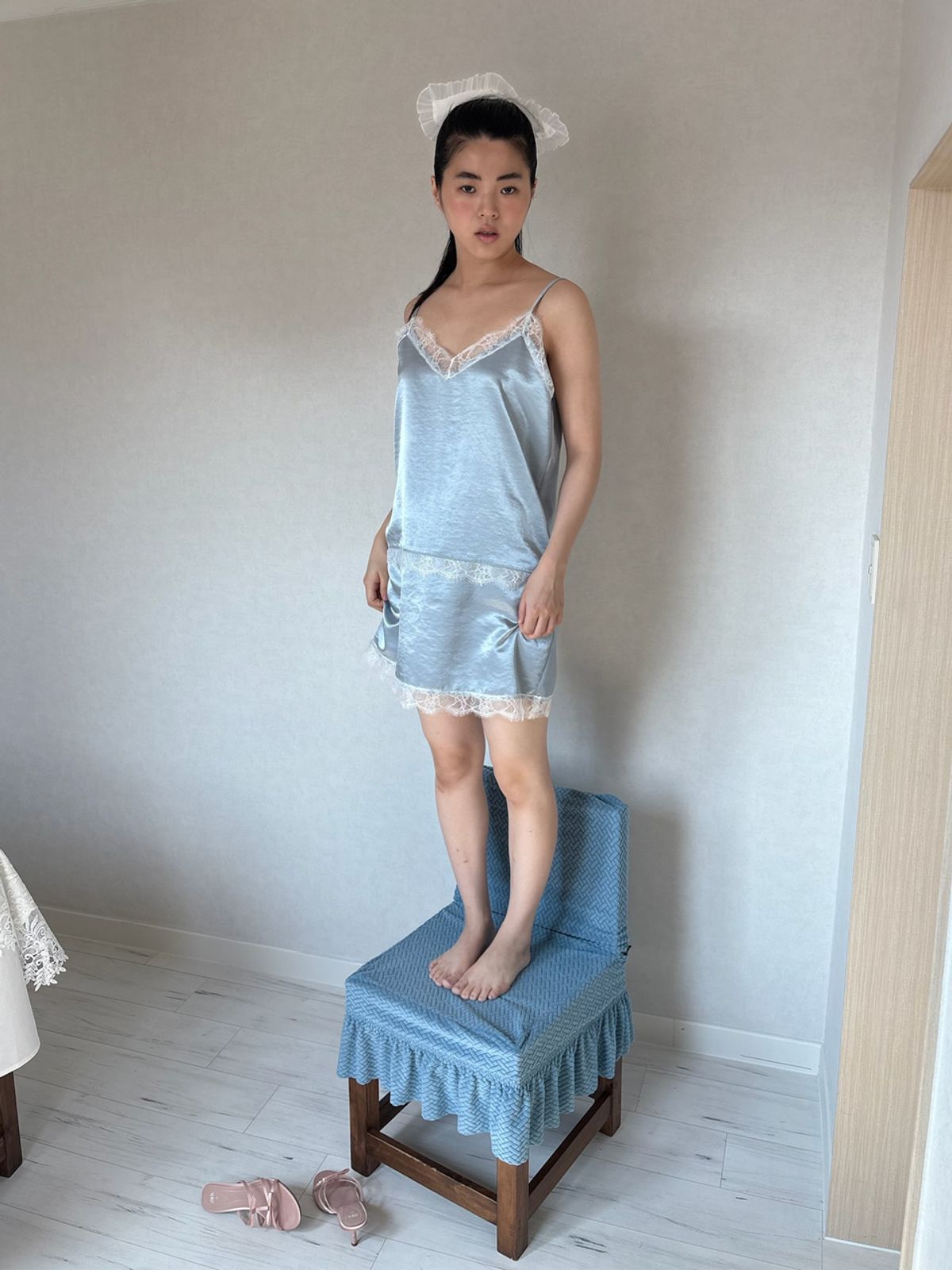 더포르타(THEPORTA) SATIN LACE SLIP DRESS, DUSTY BLUE