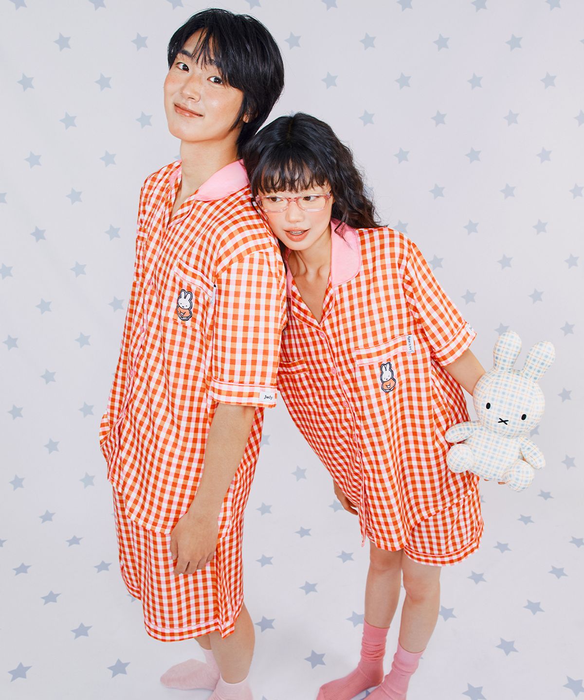 주디앤(JUDYN) [2PACK] 미피 패치 체크 반팔 잠옷 세트_레드체크