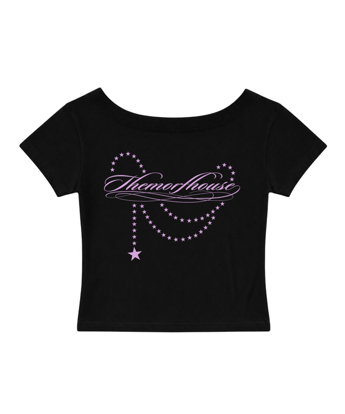 더모프하우스(THEMORFHOUSE) 스타 체인 레터링 배색 원숄더 슬림핏 반팔 티셔츠 라이트블루
