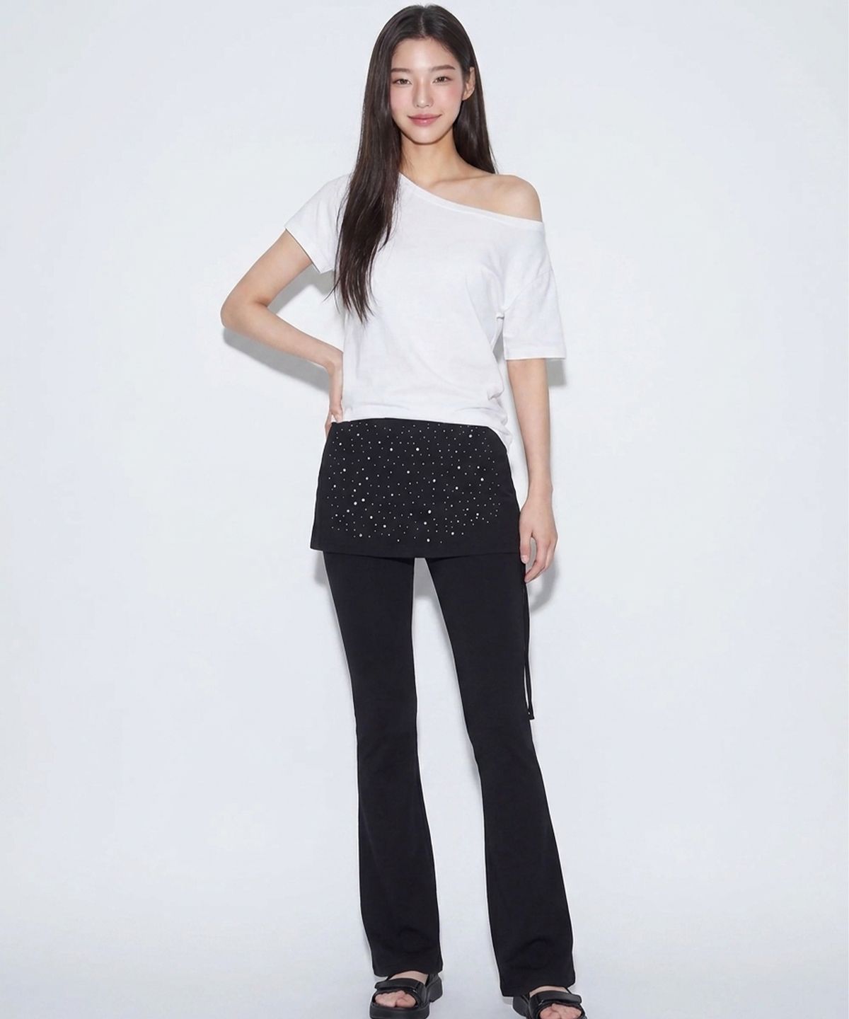 본슬리피(BORN SLIPPY) Crystal Dust Layered Flare Skort Pants (Eclipse Black)