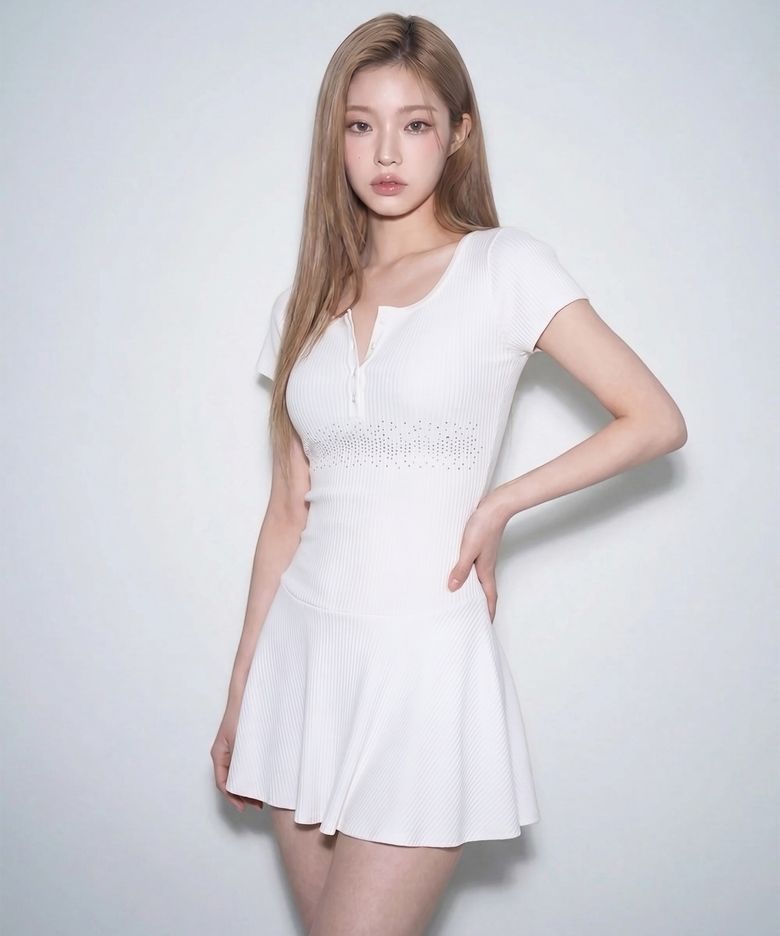 Crystal Line Henley Skater Mini Dress (Milk Cream)