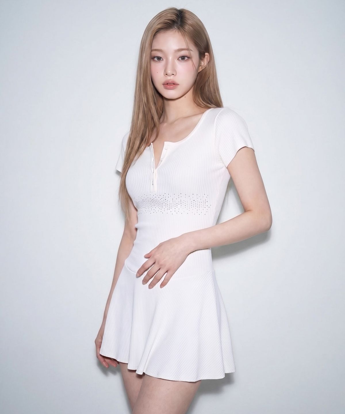 본슬리피(BORN SLIPPY) Crystal Line Henley Skater Mini Dress (Milk Cream)
