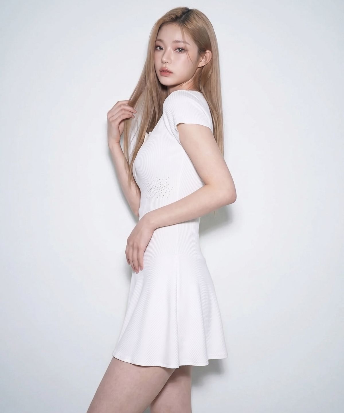 본슬리피(BORN SLIPPY) Crystal Line Henley Skater Mini Dress (Milk Cream)