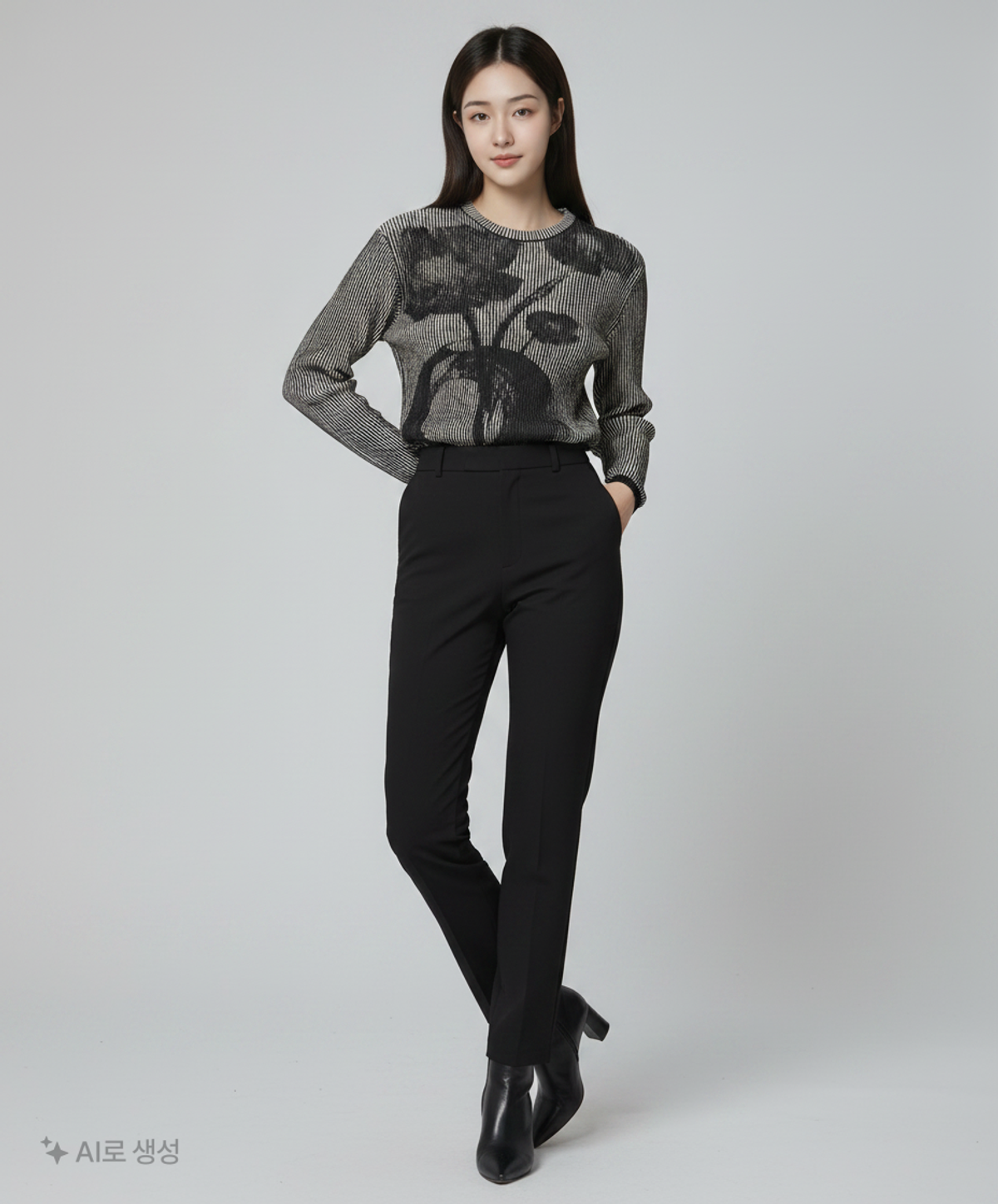 메종미네드(MAISON MINED) BLACK FLOWER PRINT KNIT L