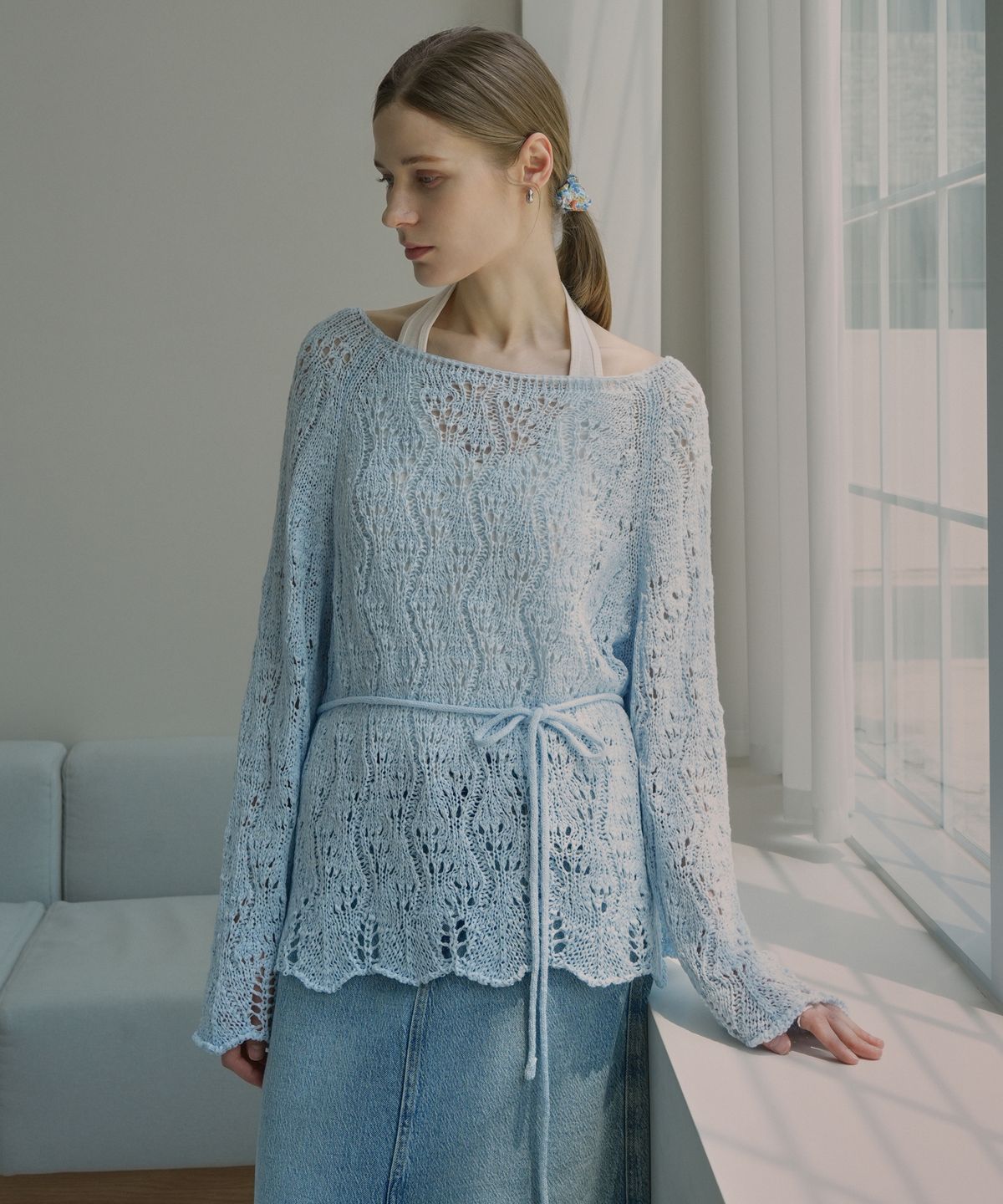 블레티(VLETI) Contrast Neck Raglan Wave Trim Knit & Waist Strin (sky blue)