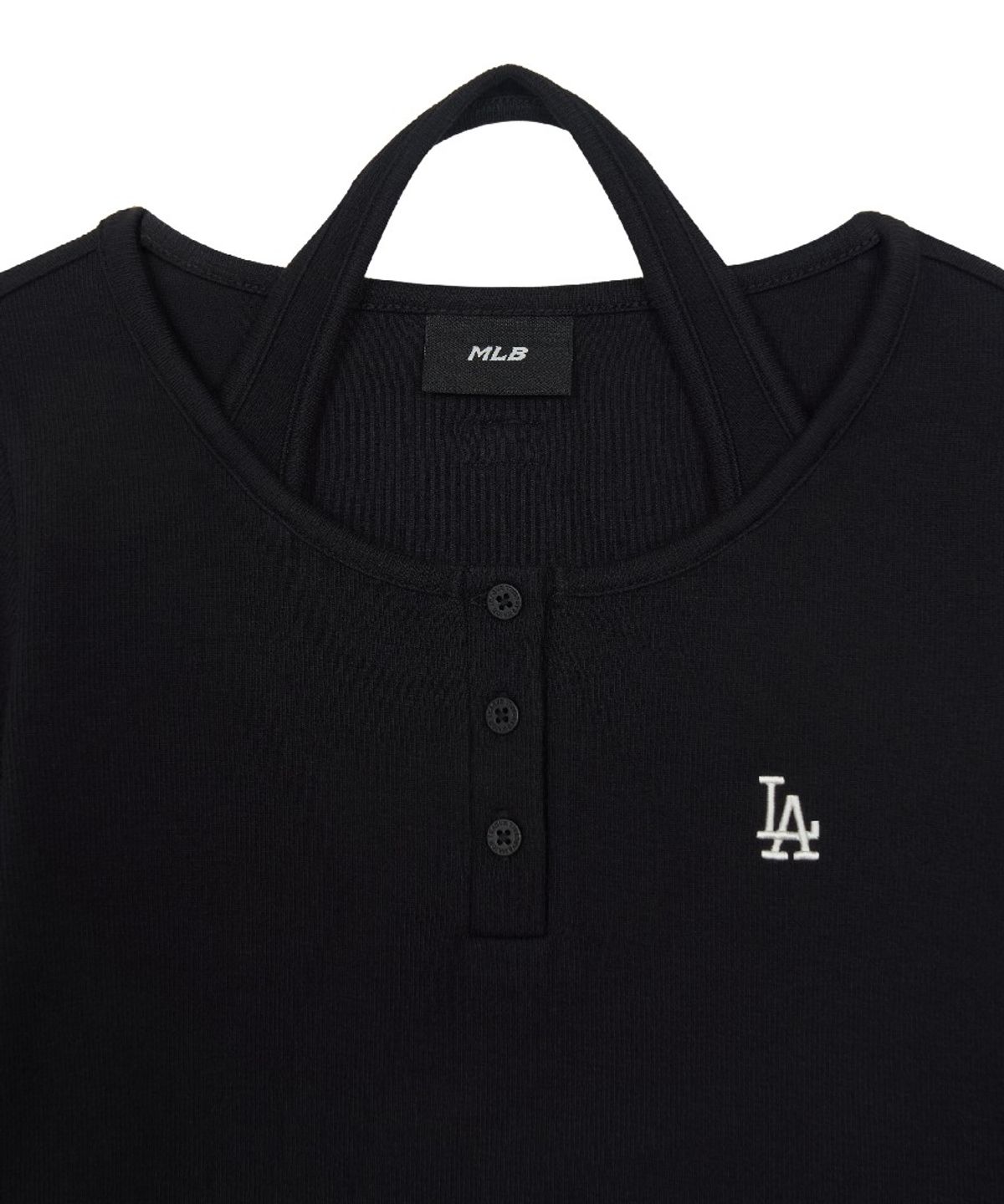 엠엘비(MLB) 여성 베이직 헨리넥 레이어드 슬림 세미크롭 긴팔 티셔츠 LA (Black)