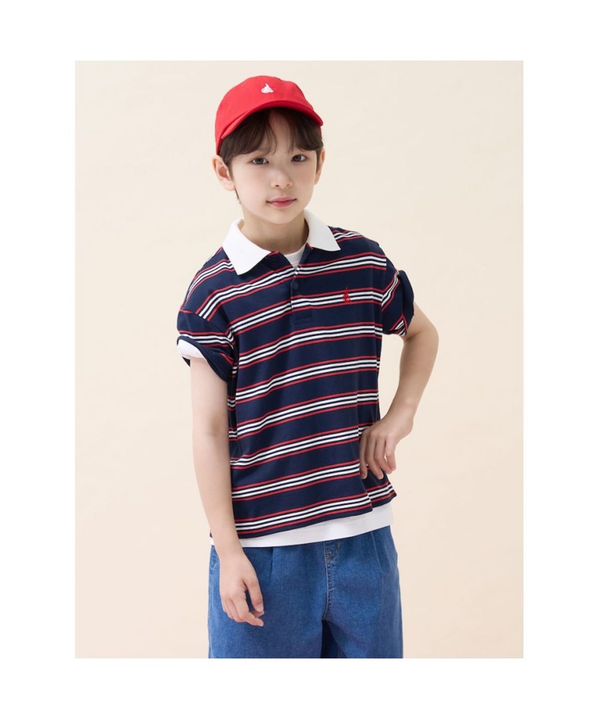빈폴 키즈(BEANPOLE KIDS) 멀티 스트라이프 티카라 반소매 티셔츠 - 네이비