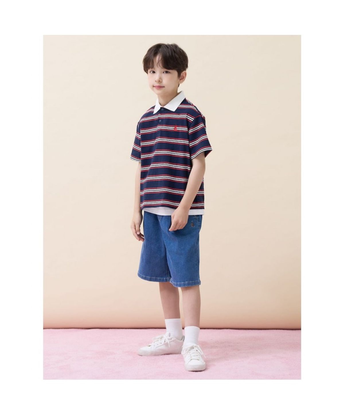 빈폴 키즈(BEANPOLE KIDS) 멀티 스트라이프 티카라 반소매 티셔츠 - 네이비