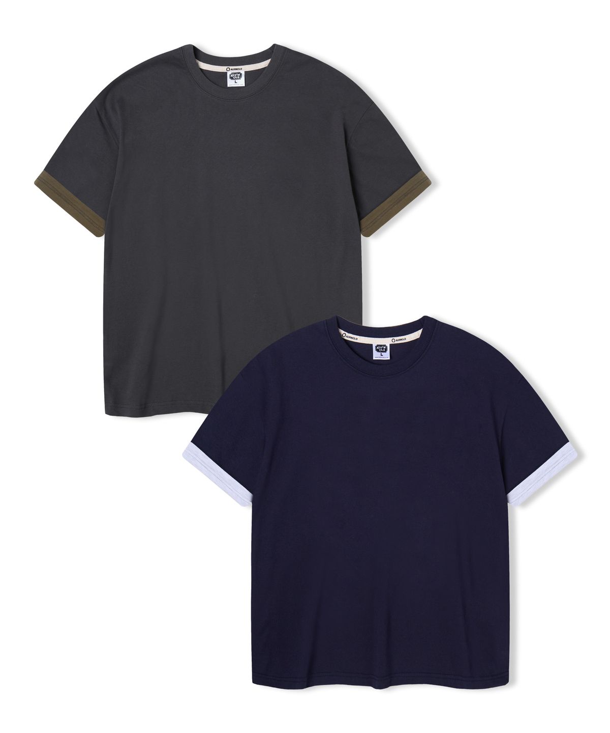 앨빈클로(ALVINCLO) [2PACK] 무지 소매배색 롤업 세미크롭 반팔티 2종 패키지