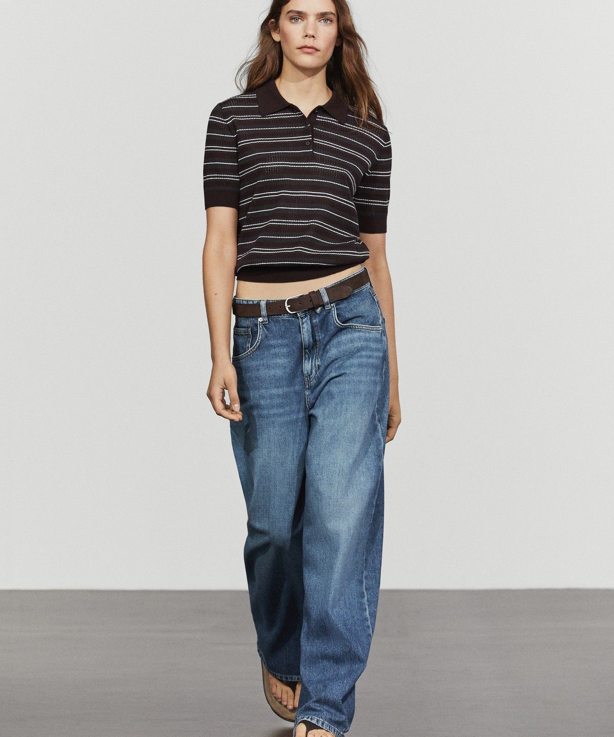 마시모두띠(MASSIMO DUTTI) 코튼 블렌드 스트라이프 오픈워크 폴로셔츠