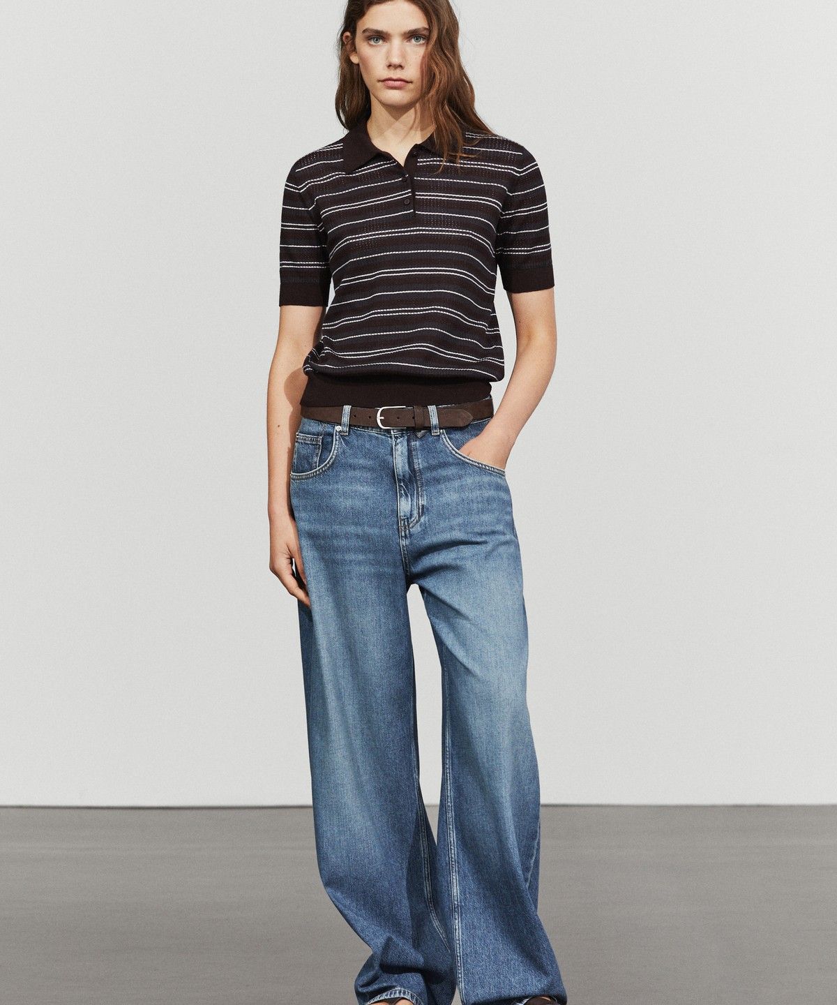 마시모두띠(MASSIMO DUTTI) 코튼 블렌드 스트라이프 오픈워크 폴로셔츠