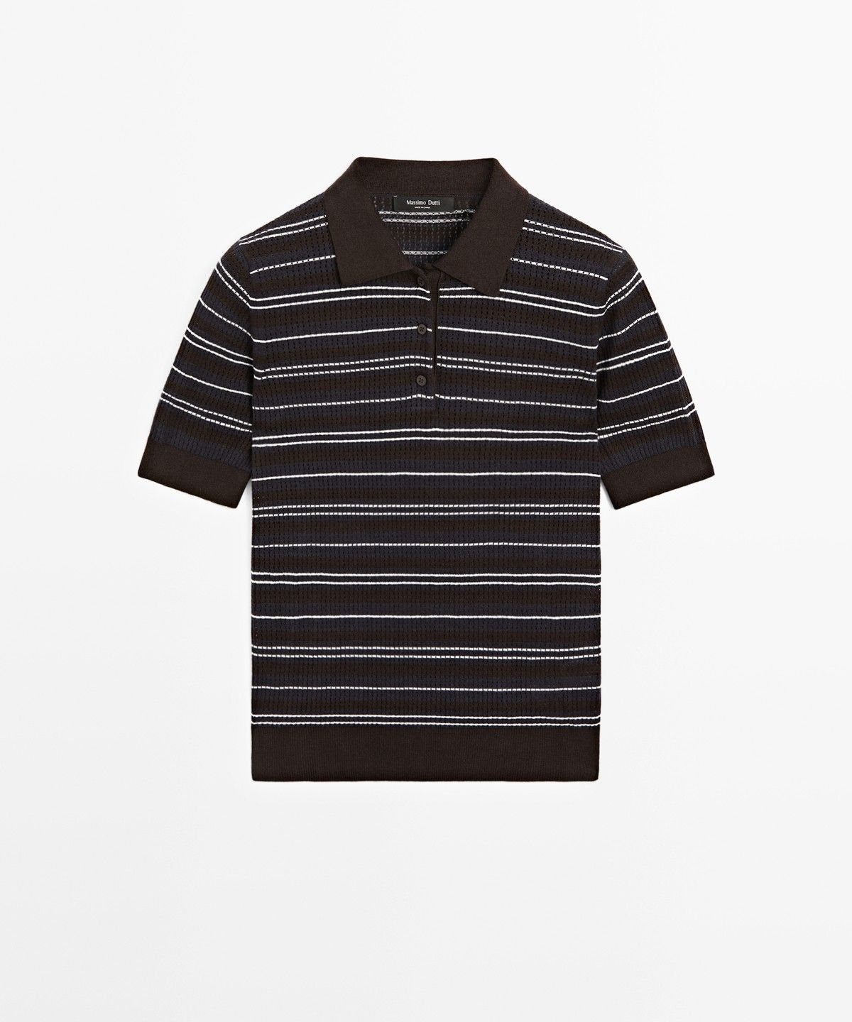 마시모두띠(MASSIMO DUTTI) 코튼 블렌드 스트라이프 오픈워크 폴로셔츠