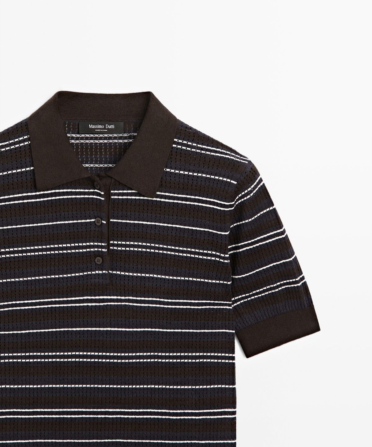 마시모두띠(MASSIMO DUTTI) 코튼 블렌드 스트라이프 오픈워크 폴로셔츠