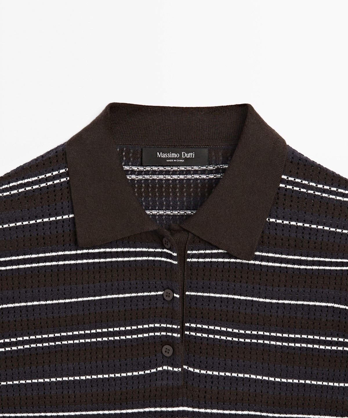 마시모두띠(MASSIMO DUTTI) 코튼 블렌드 스트라이프 오픈워크 폴로셔츠