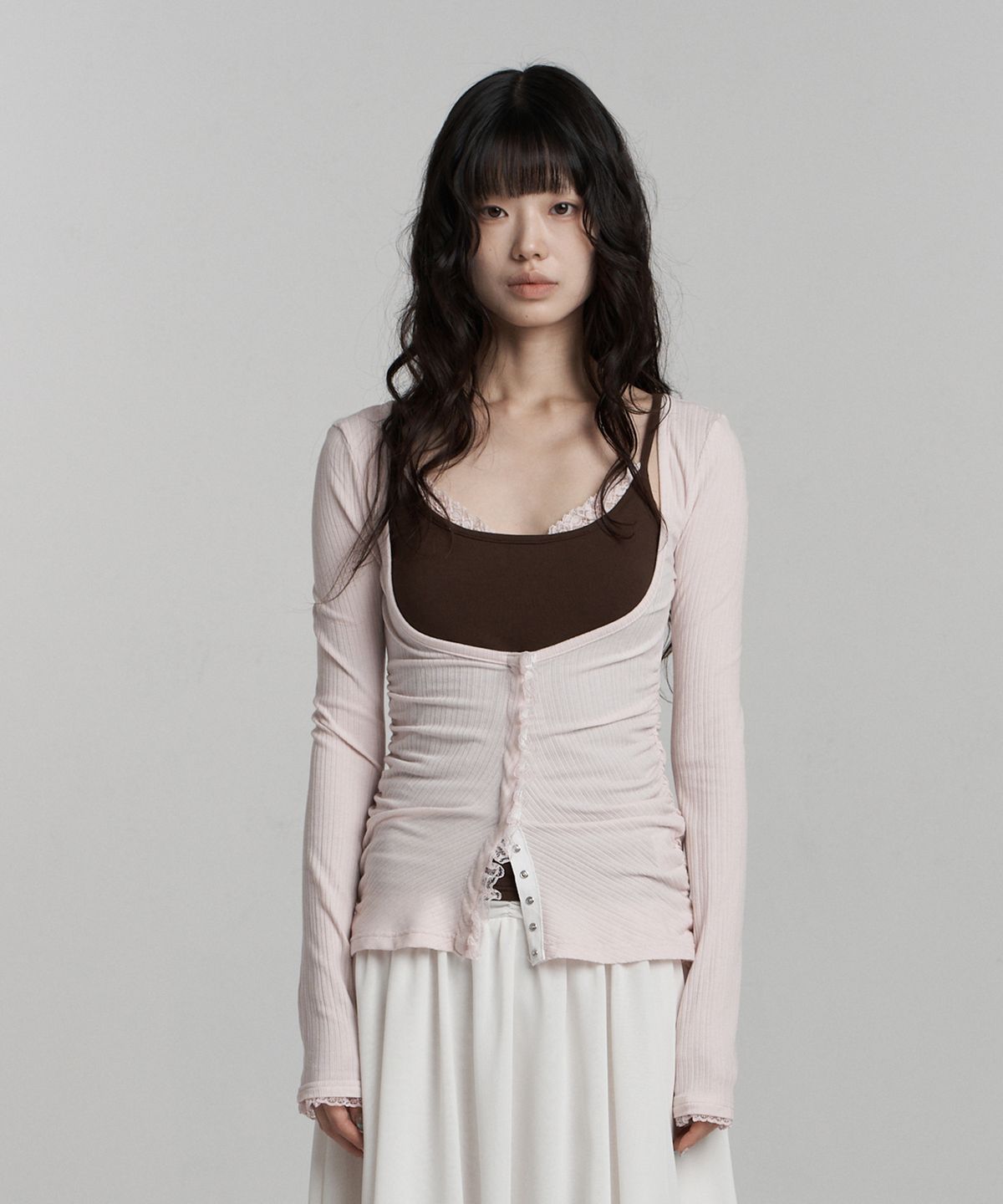 일리오(ILLIO) [빛오 x 일리오] Pink-Brown lace layered cardigan set