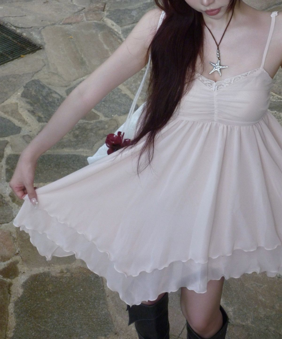 일리오(ILLIO) [빛오 x 일리오] Peach Asymmetric Chiffon Dress