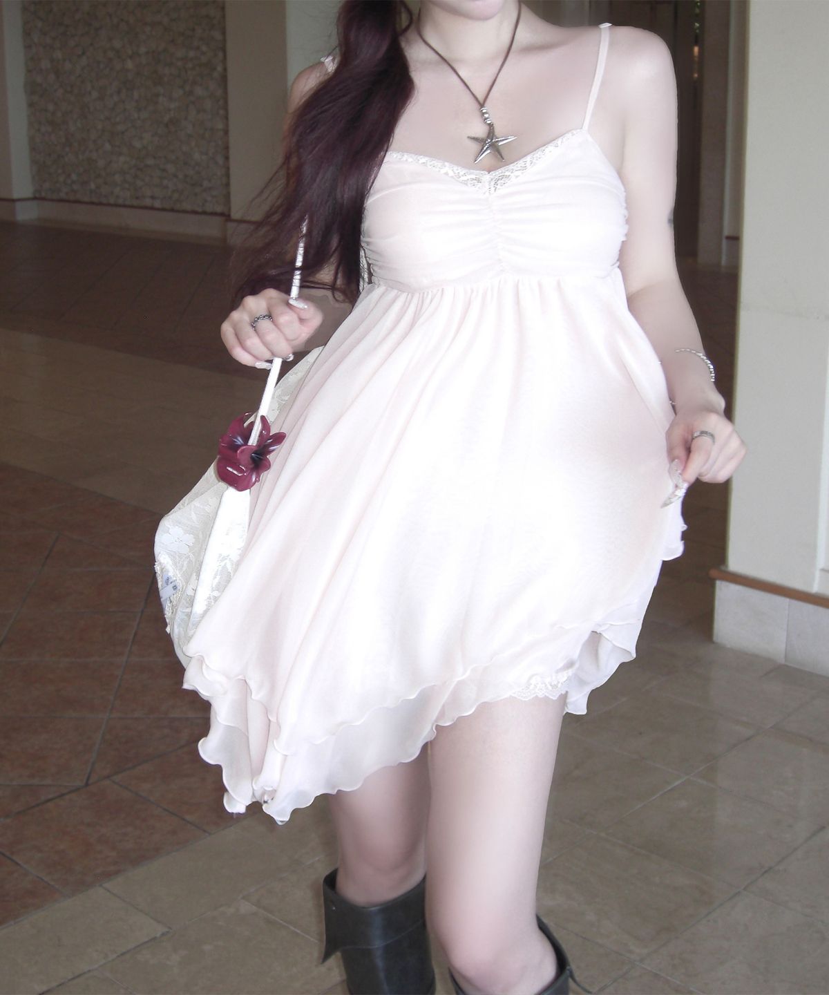 일리오(ILLIO) [빛오 x 일리오] Peach Asymmetric Chiffon Dress