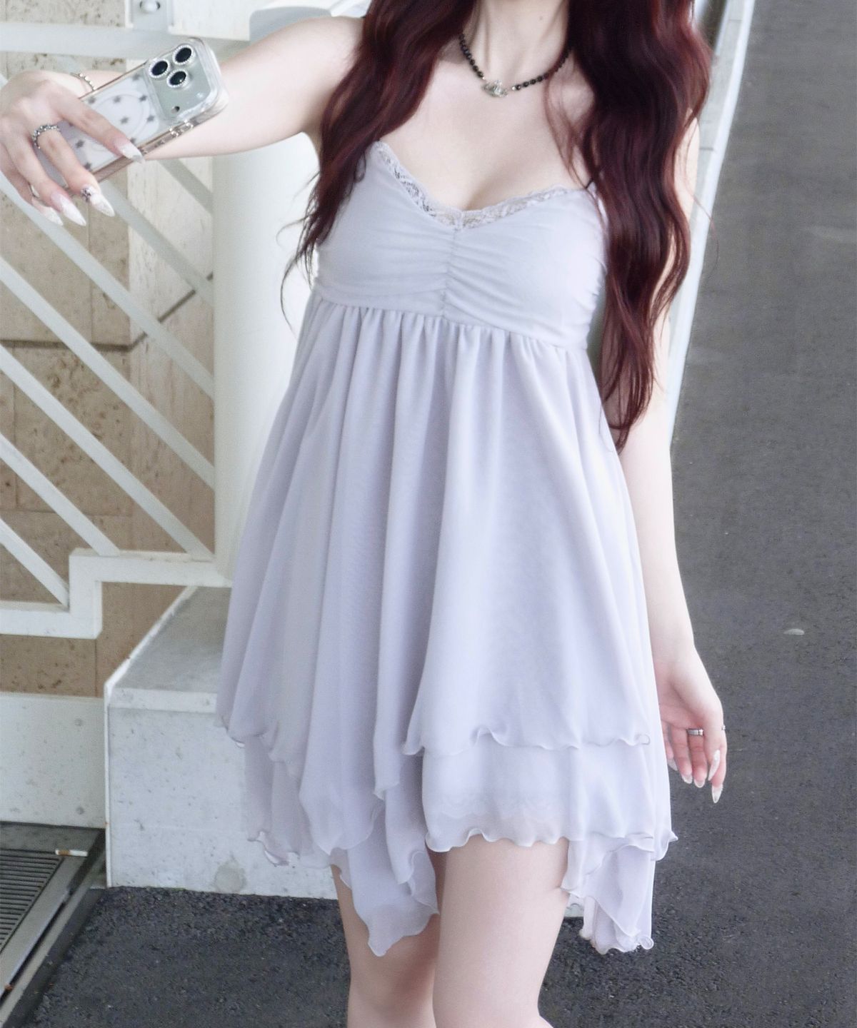 일리오(ILLIO) [빛오 x 일리오] Gray Asymmetric Chiffon Dress