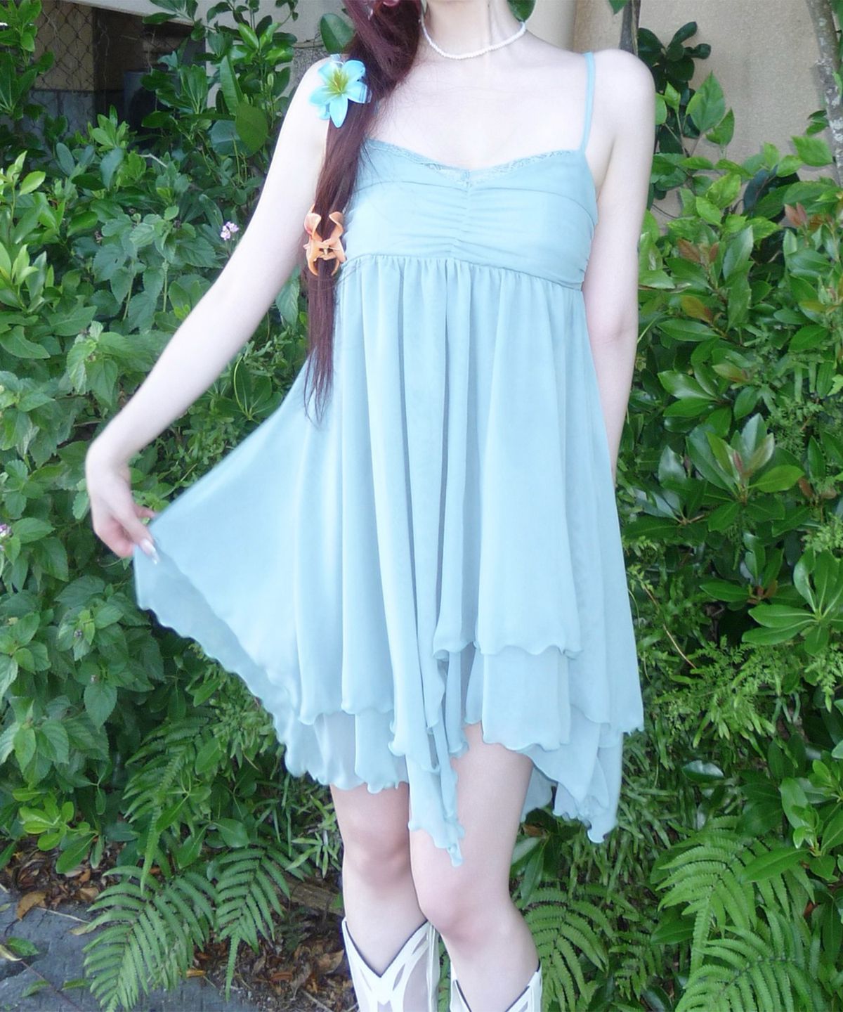 일리오(ILLIO) [빛오 x 일리오] Jade mint Asymmetric Chiffon Dress