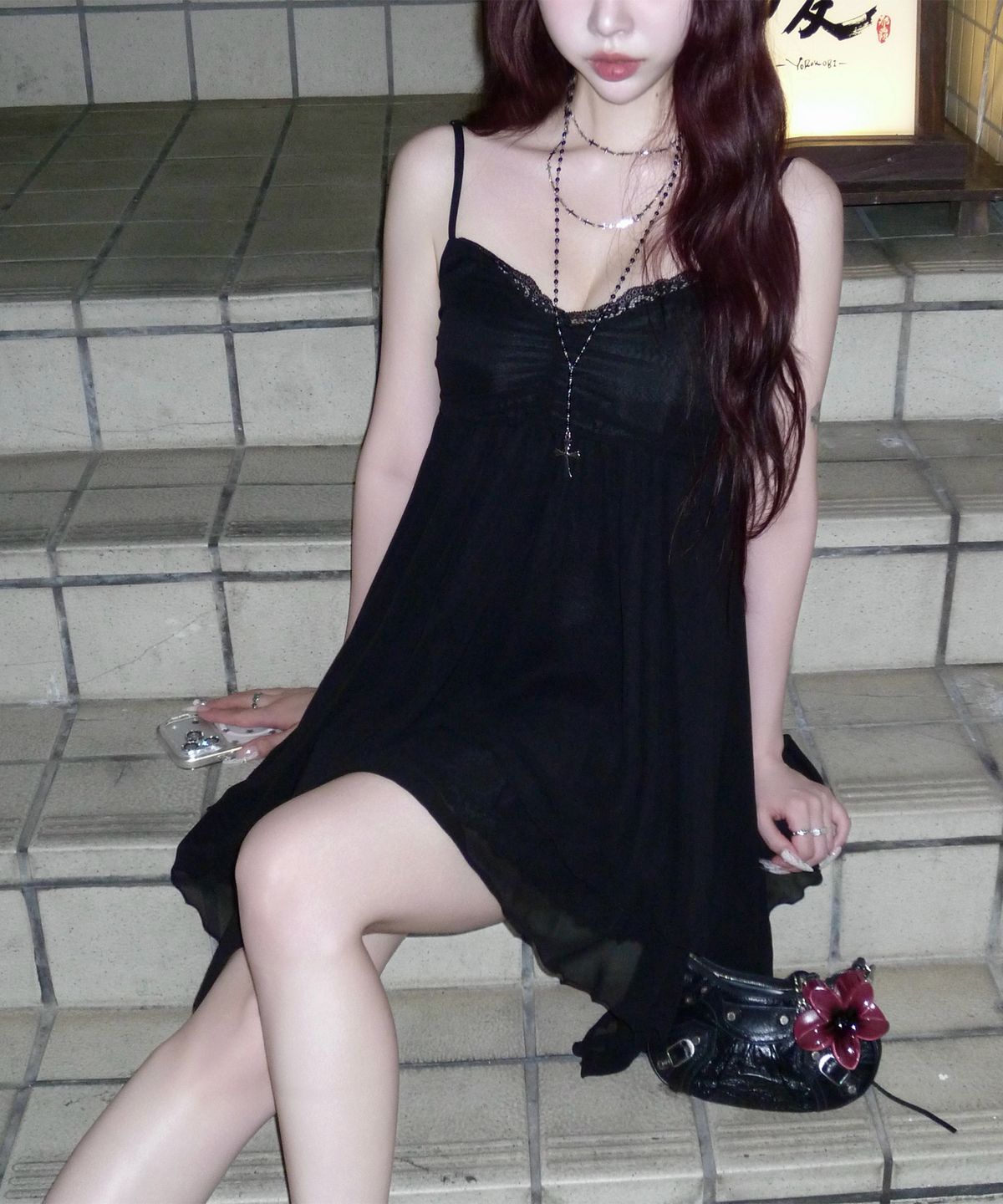 일리오(ILLIO) [빛오 x 일리오] Black Asymmetric Chiffon Dress