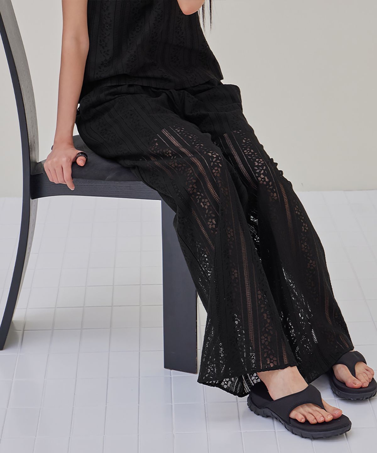 런던다다(LONDONDADA) Flower Punching Lace Wide Pants, BLACK