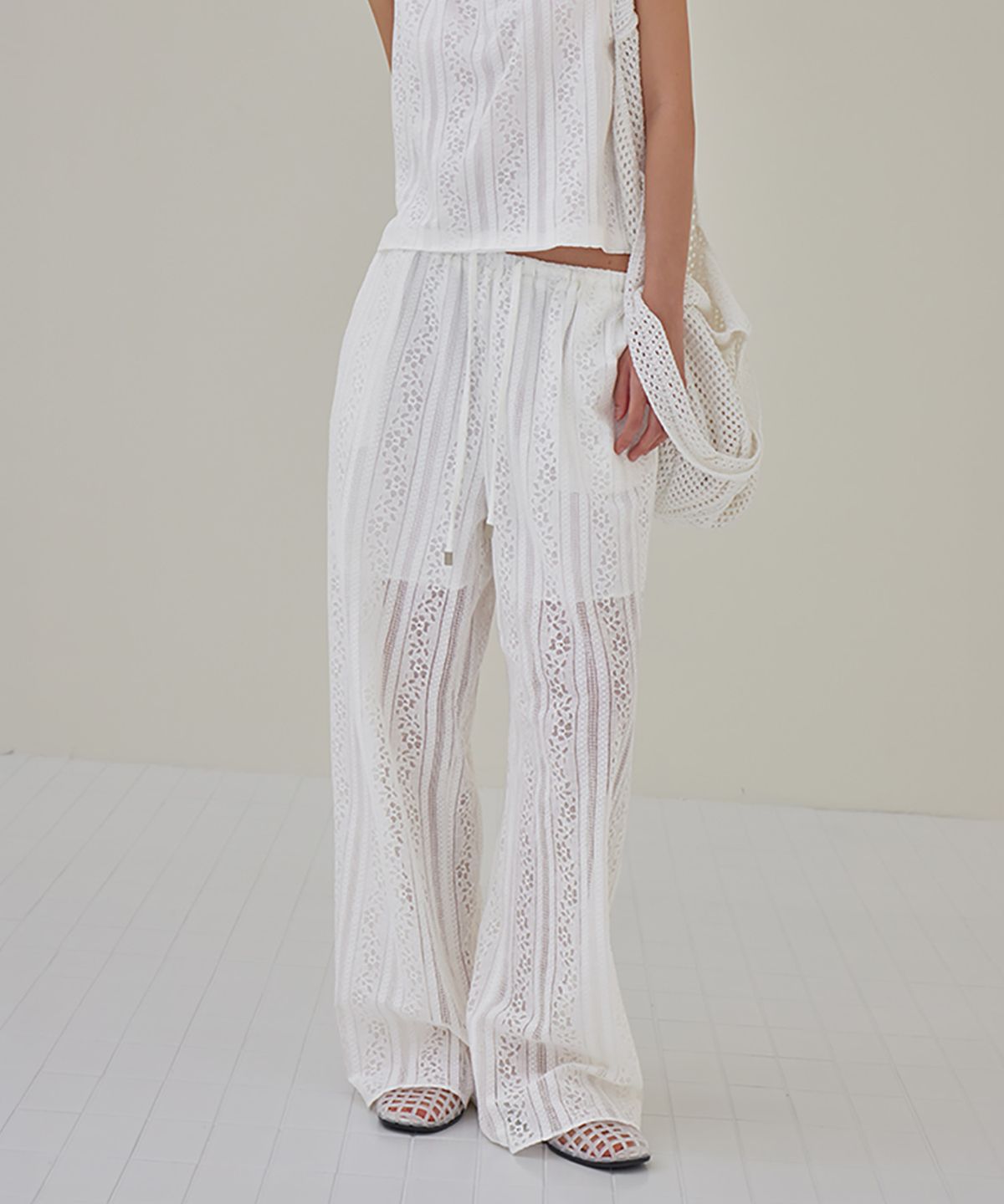 런던다다(LONDONDADA) Flower Punching Lace Wide Pants, WHITE