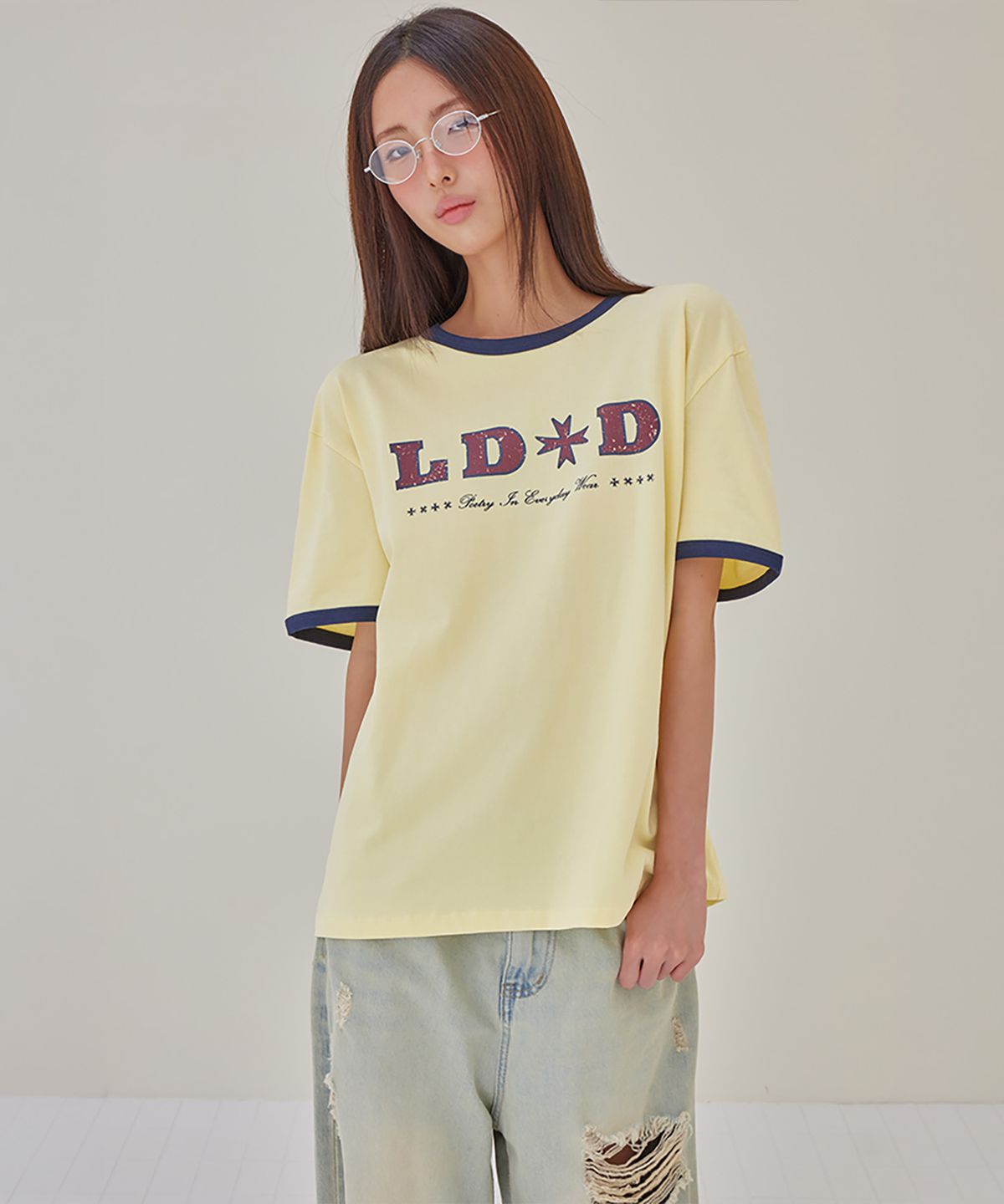 런던다다(LONDONDADA) LDD Vintage Star Ringer T-Shirt, YELLOW