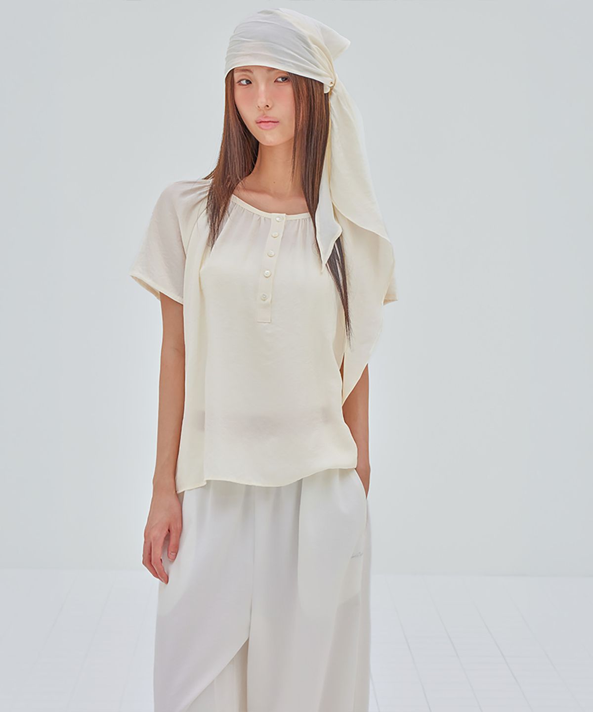 런던다다(LONDONDADA) Sheer Scarf Wrap Blouse, CREAM