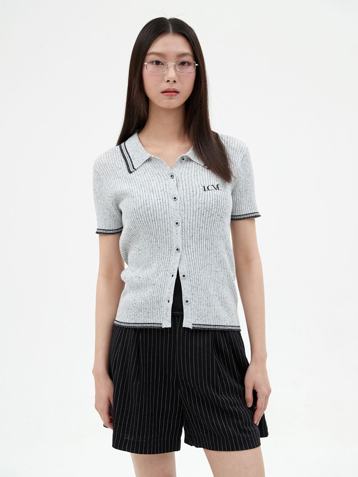 엘씨브이(LCVE) CONTRAST DETAIL KNIT TOP_GRAY