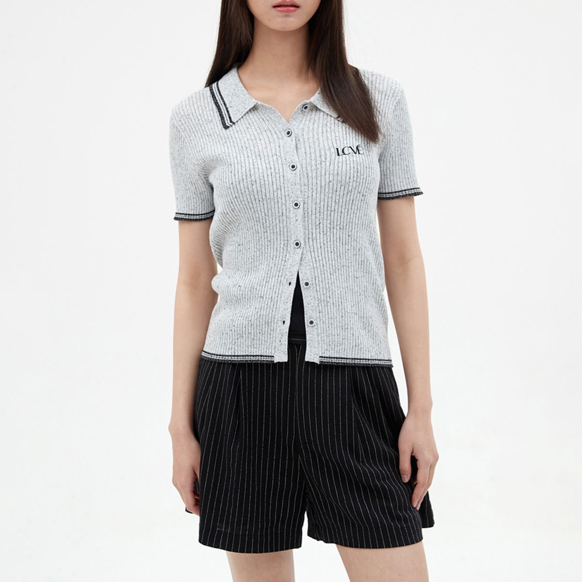 엘씨브이(LCVE) CONTRAST DETAIL KNIT TOP_GRAY