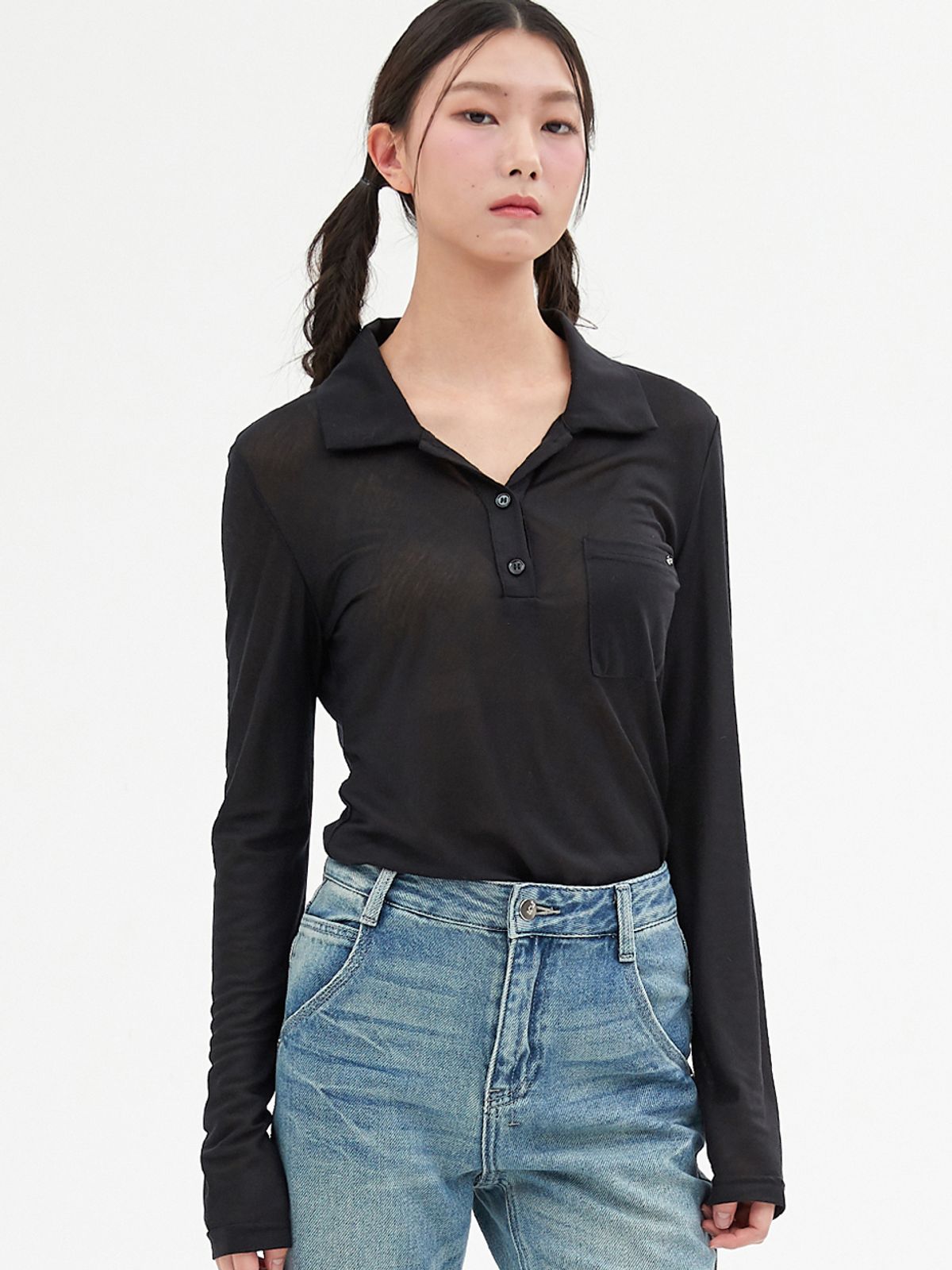 엘씨브이(LCVE) SHEER TENCEL POLO SHIRT_BLACK