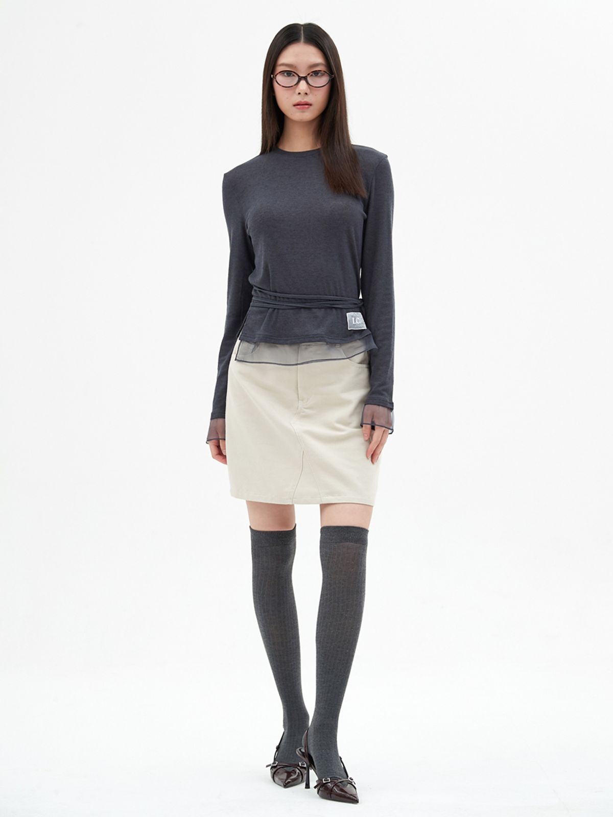 엘씨브이(LCVE) CHIFFON DETAIL LONG-SLEEVE TOP_CHARCOAL