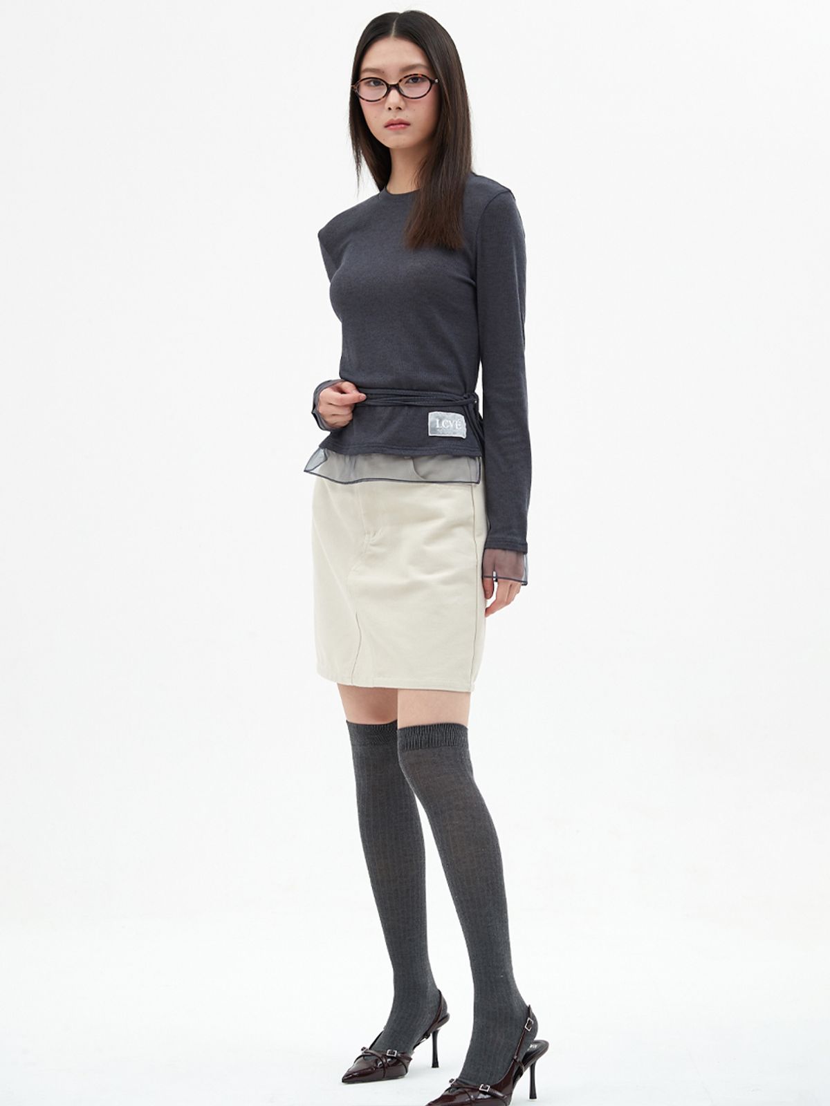 엘씨브이(LCVE) CHIFFON DETAIL LONG-SLEEVE TOP_CHARCOAL