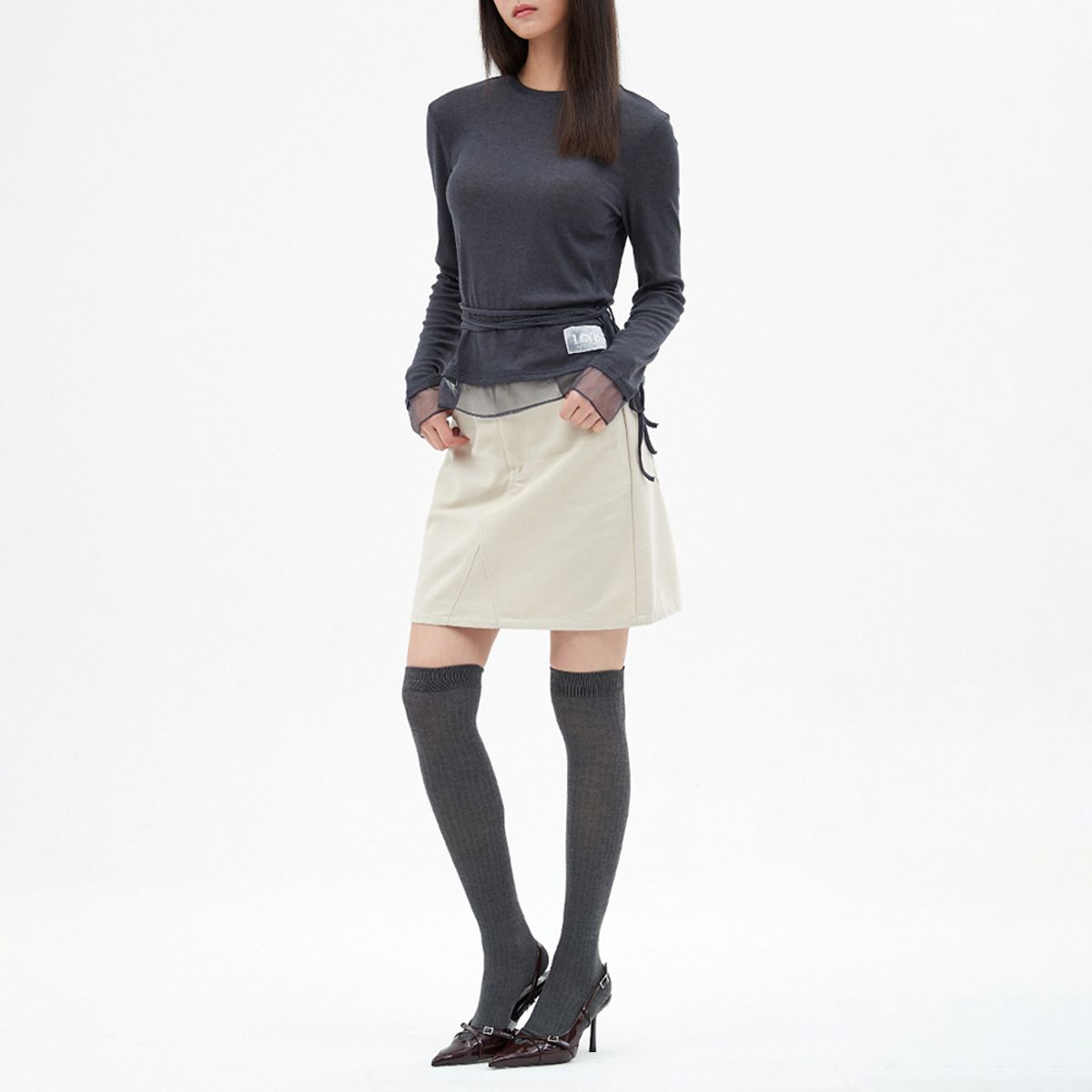 엘씨브이(LCVE) CHIFFON DETAIL LONG-SLEEVE TOP_CHARCOAL