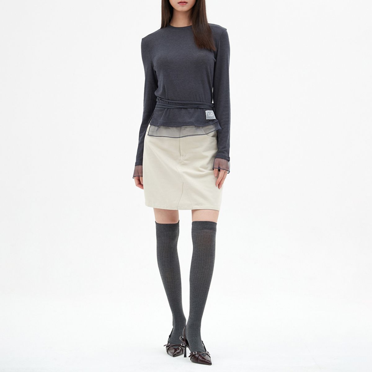 엘씨브이(LCVE) CHIFFON DETAIL LONG-SLEEVE TOP_CHARCOAL