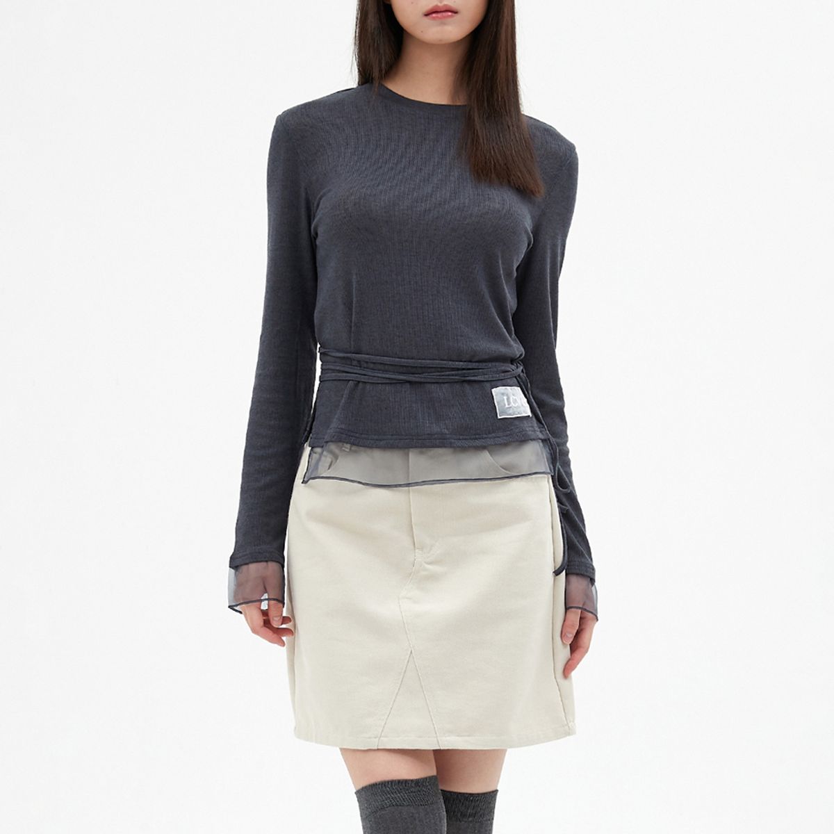 엘씨브이(LCVE) CHIFFON DETAIL LONG-SLEEVE TOP_CHARCOAL