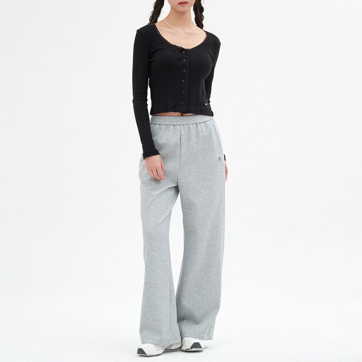 엘씨브이(LCVE) LACE-TRIMMED BUTTON LONG-SLEEVE TOP_BLACK