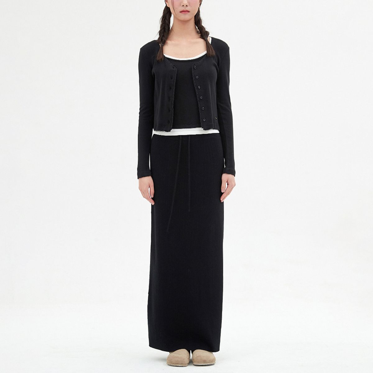 엘씨브이(LCVE) LACE-TRIMMED BUTTON LONG-SLEEVE TOP_BLACK