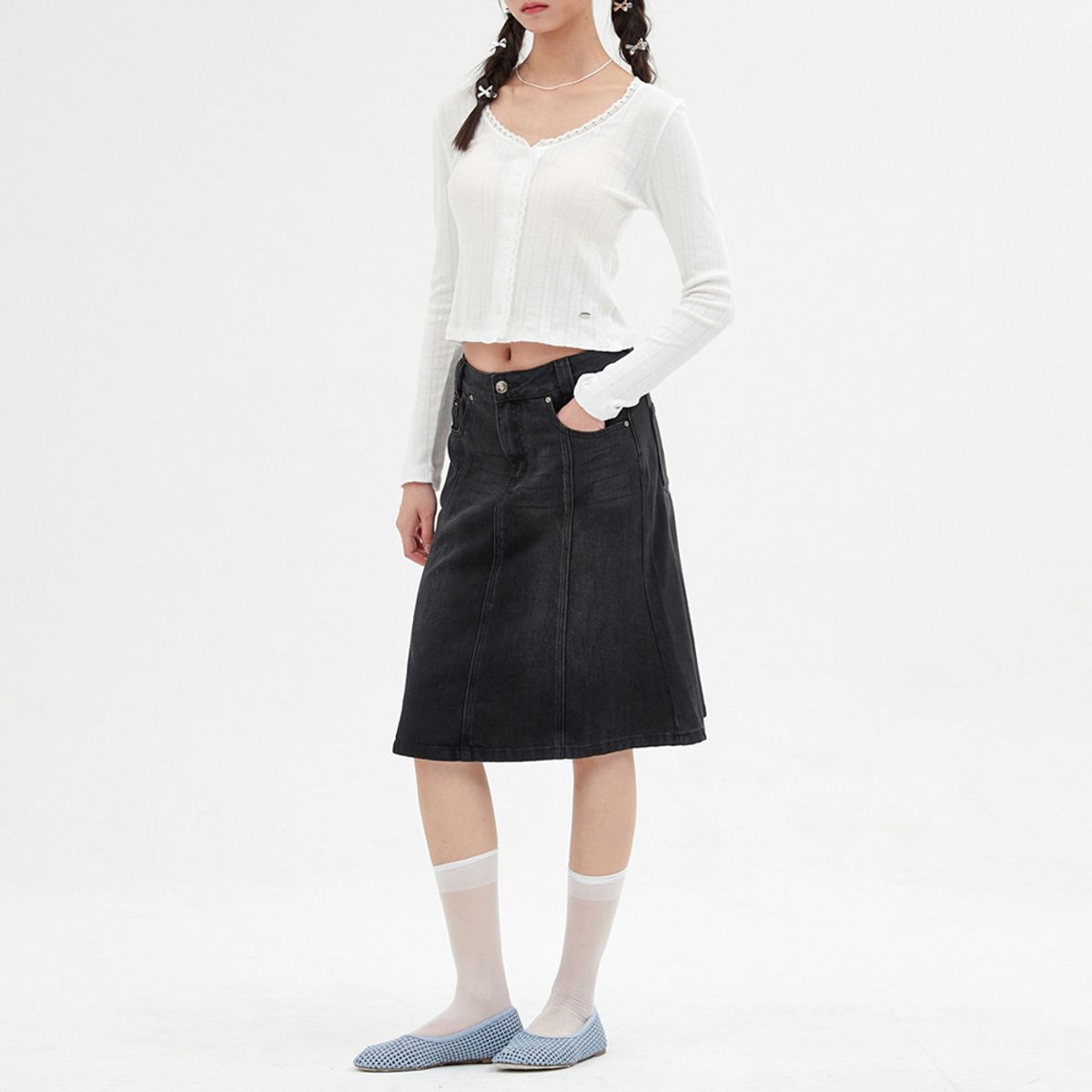 엘씨브이(LCVE) DENIM MERMAID MIDI SKIRT_BLACK