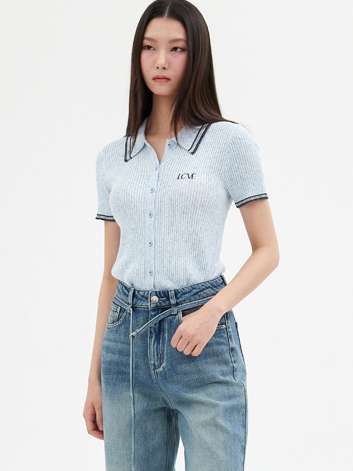 엘씨브이(LCVE) CONTRAST DETAIL KNIT TOP_BLUE