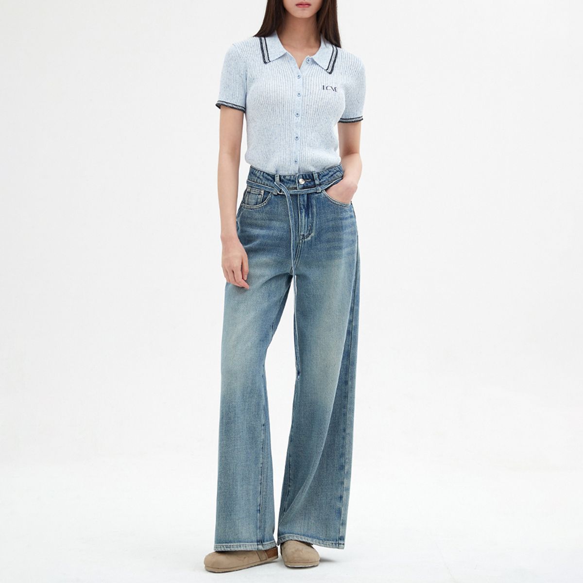 엘씨브이(LCVE) CONTRAST DETAIL KNIT TOP_BLUE