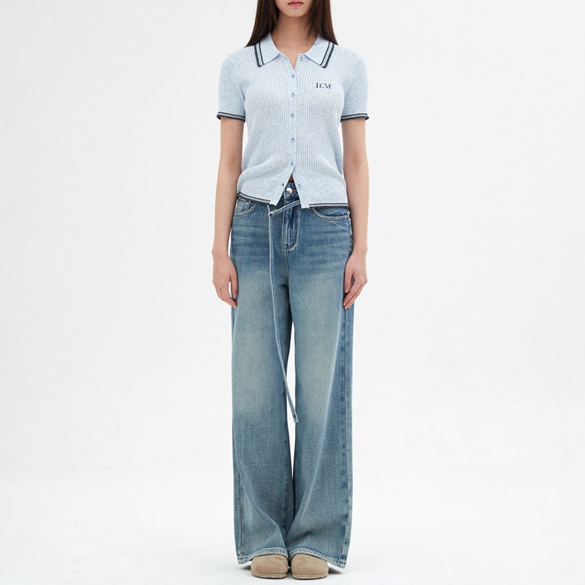 엘씨브이(LCVE) CONTRAST DETAIL KNIT TOP_BLUE